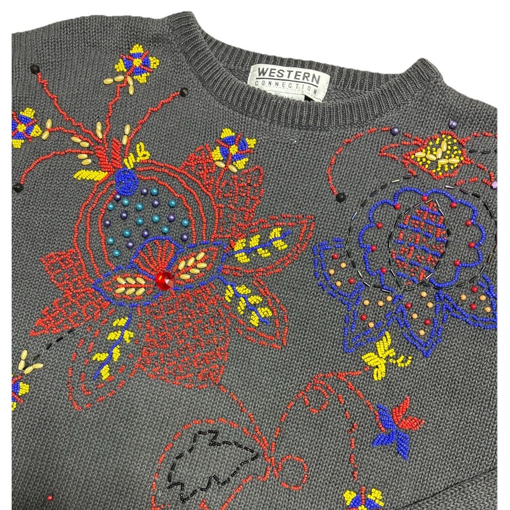 Vtg Western Connection Sweater Women's S Gray Beaded Floral Cottage 90s *flaws